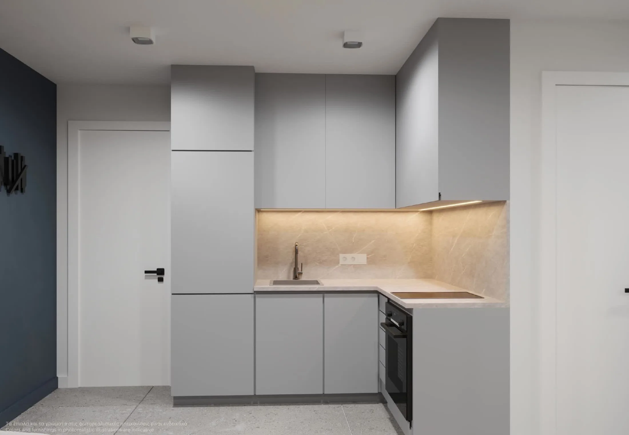 Minoas Residences Athens — L-shaped kitchen with grey cabinetry and marble backsplash