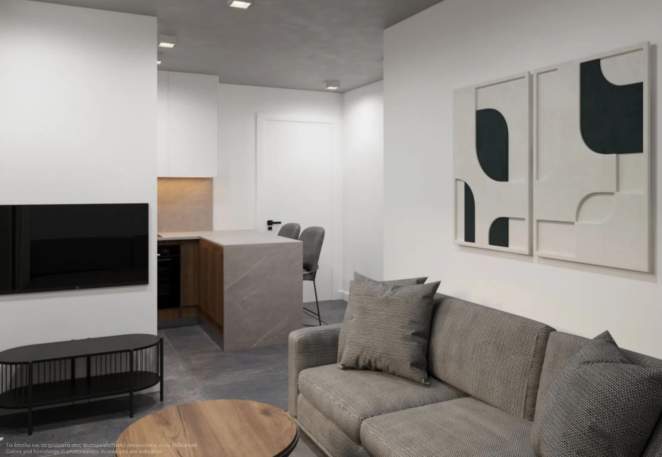 Minoas Residences Athens — Open-plan living area with kitchen island, contemporary sofa, and gallery wall