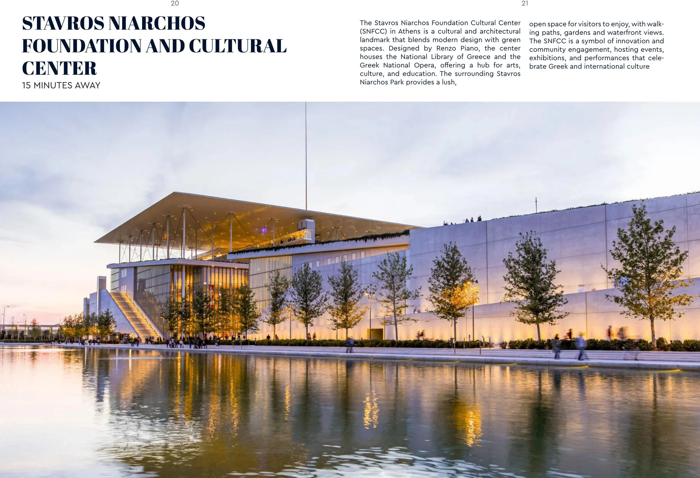 Stavros Niarchos Foundation Cultural Center at dusk — 15 minutes from Minoas Residences
