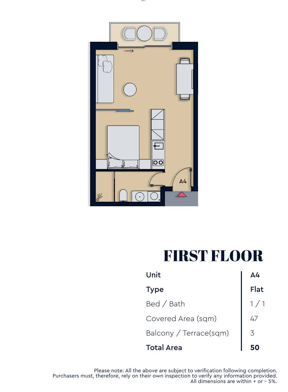 Minoas Residences Athens — Unit A4 individual floor plan, 47 sqm covered and 50 sqm total