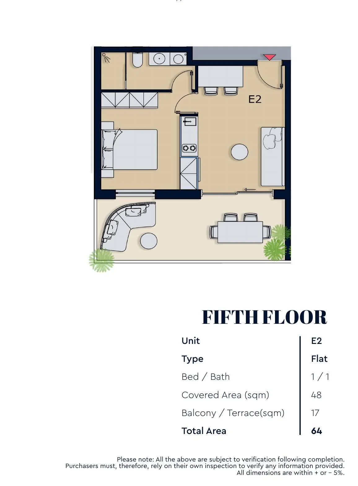 Minoas Residences Athens — Unit E2 individual floor plan, 48 sqm covered and 64 sqm total