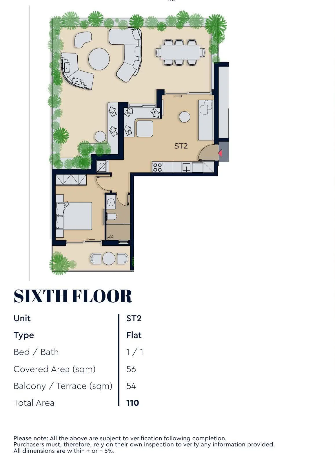 Minoas Residences Athens — Unit ST2 penthouse plan with 56 sqm covered area and 54 sqm terrace