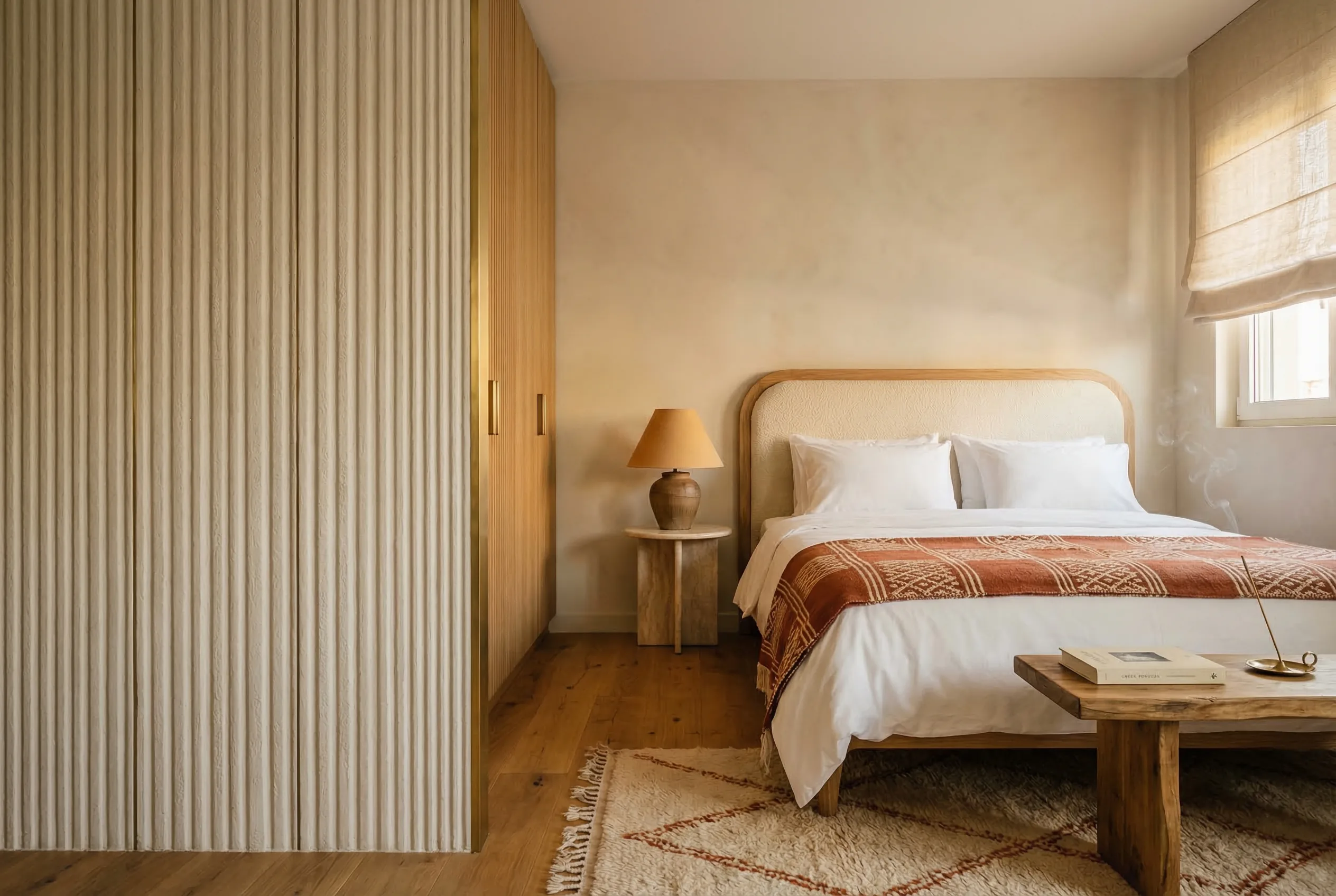 Bedroom with bouclé headboard