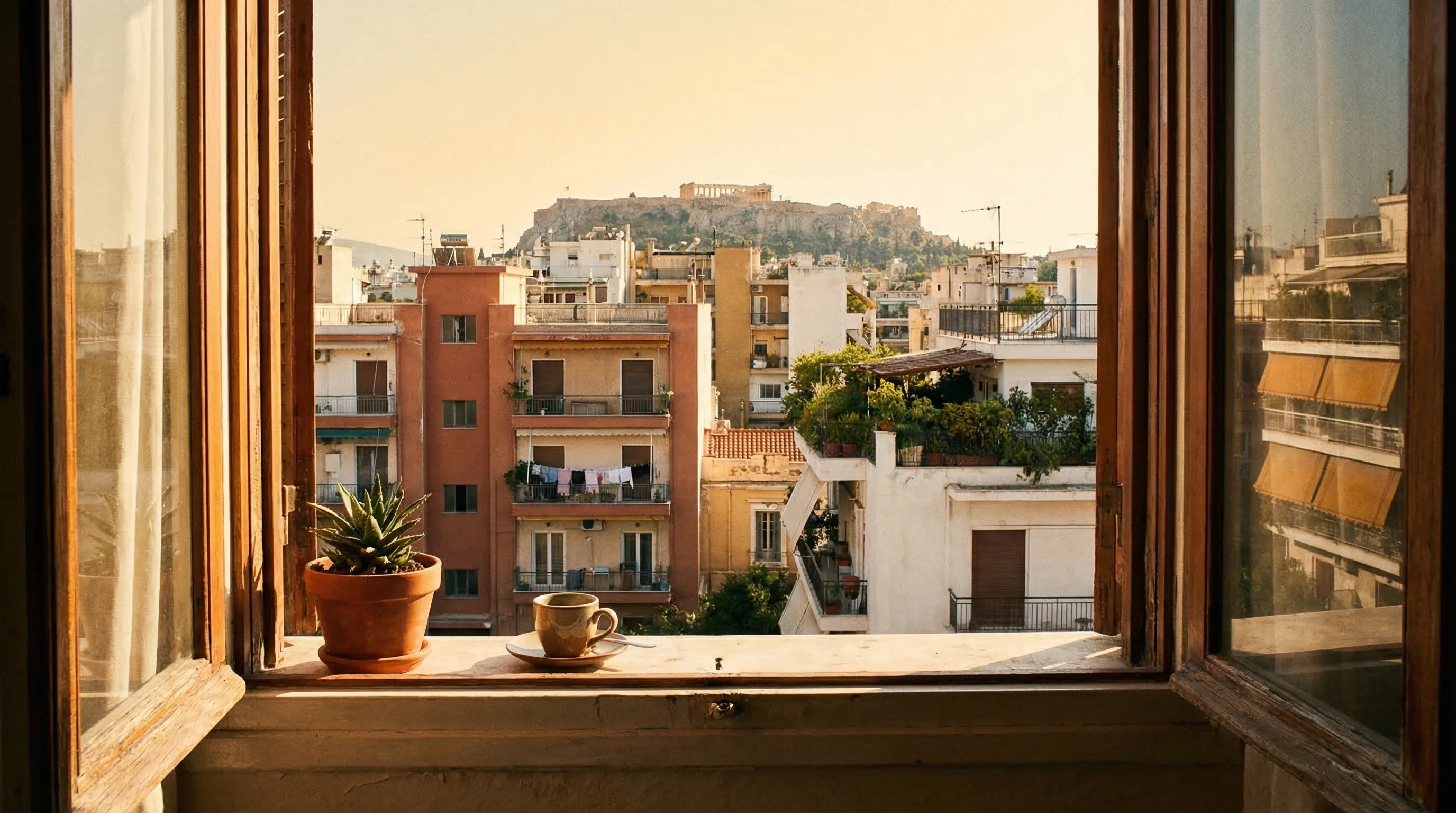 Neighbourhood outlook across Athens rooftops in Neos Kosmos