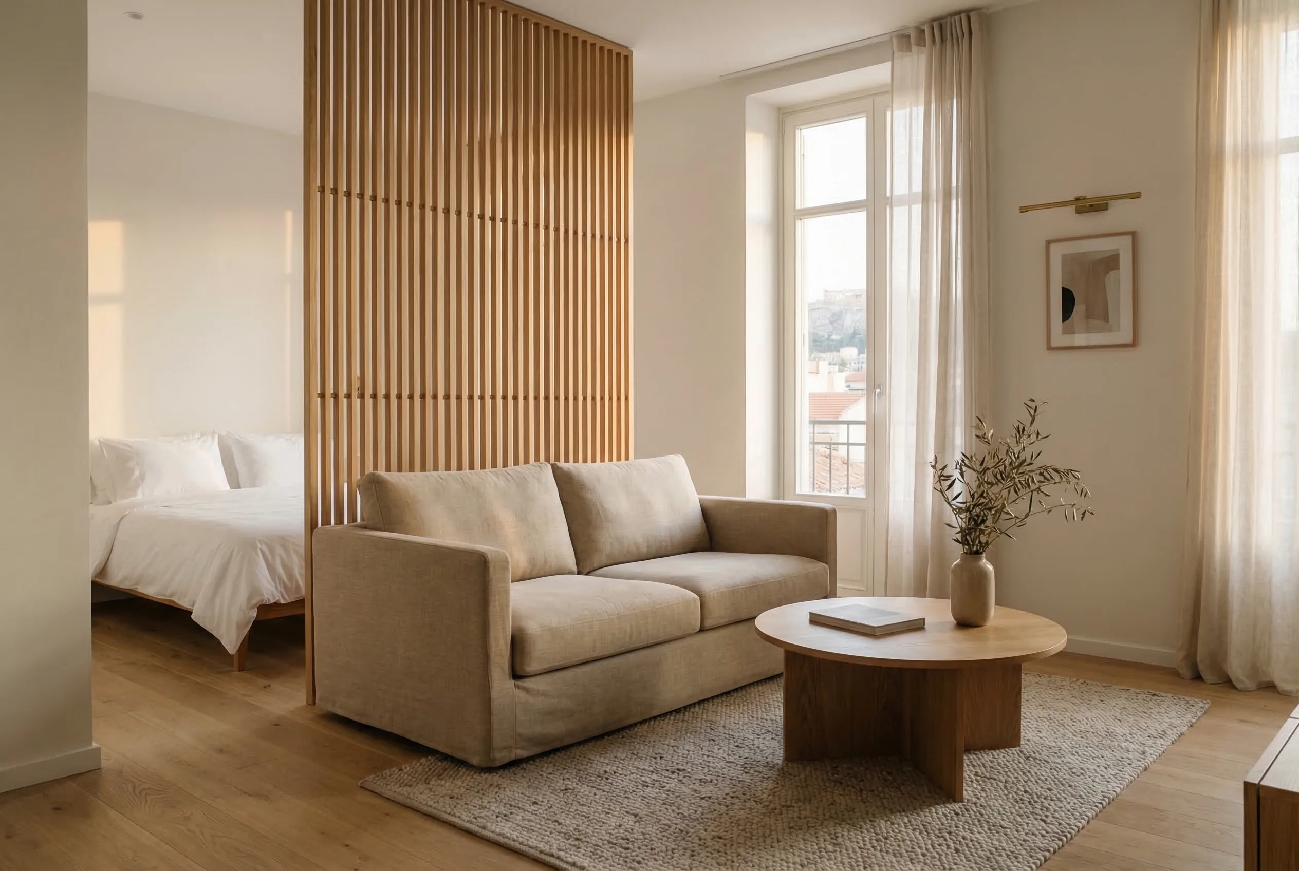 Negri Acropolis Residences — Compact living area with oak partition