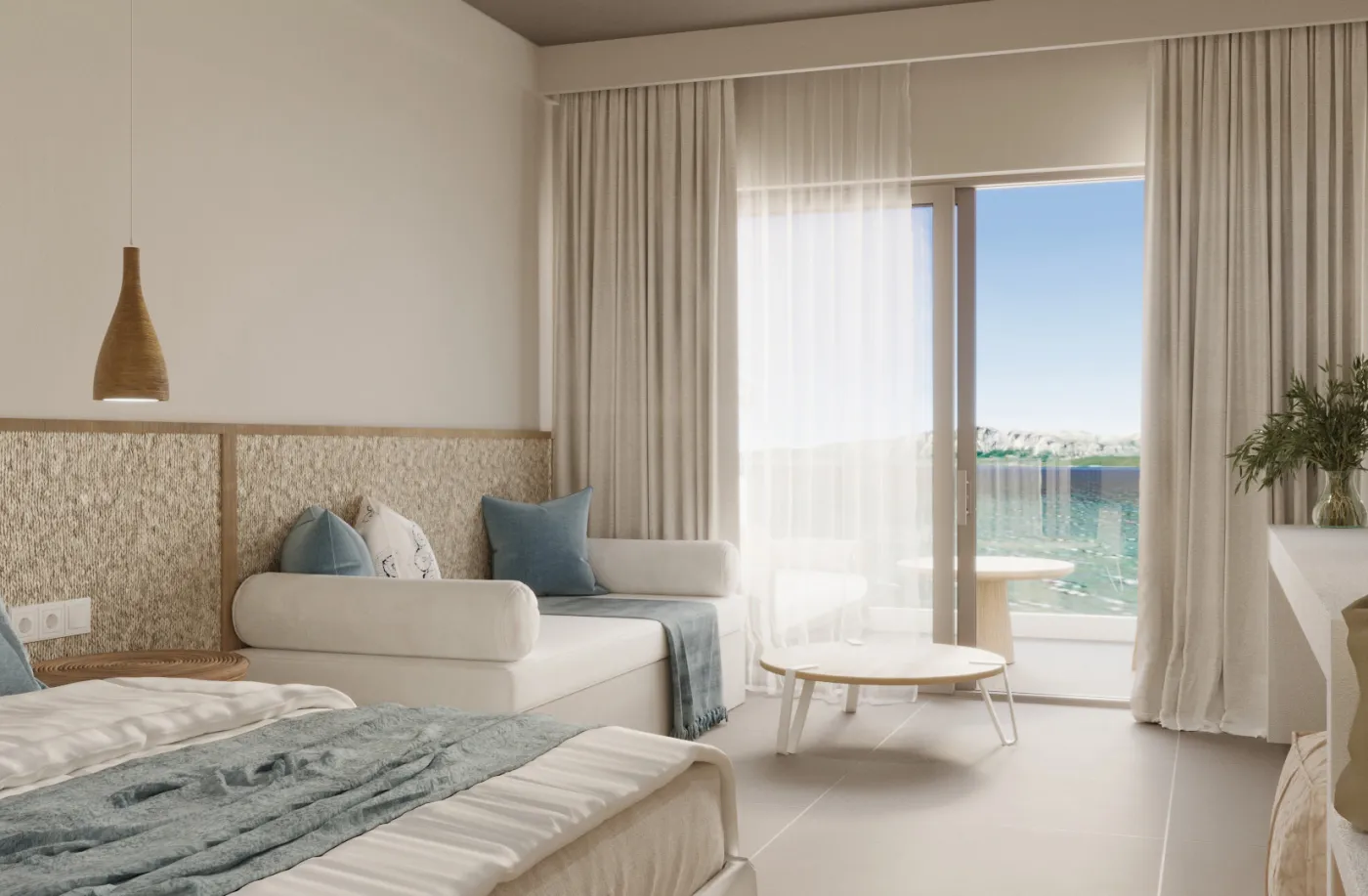 One-bedroom residence interior with sea-view balcony