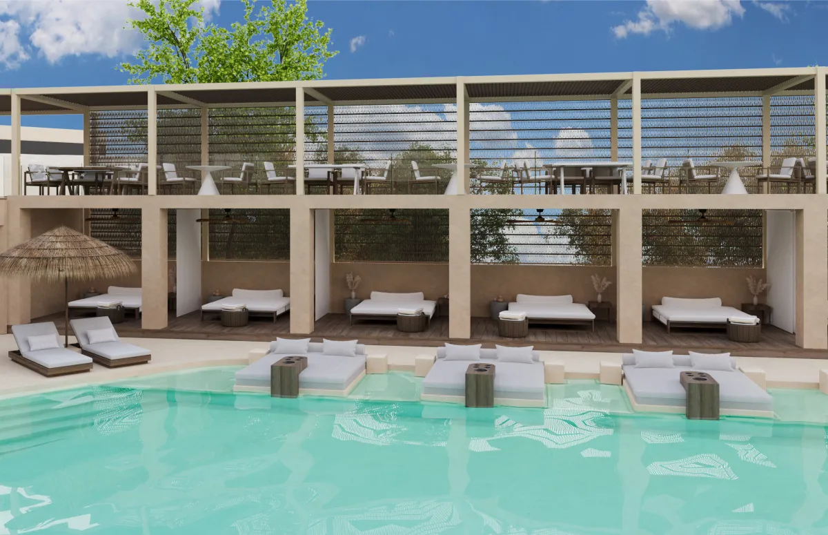 Beachfront pool deck rendering at Nikiana, Lefkada