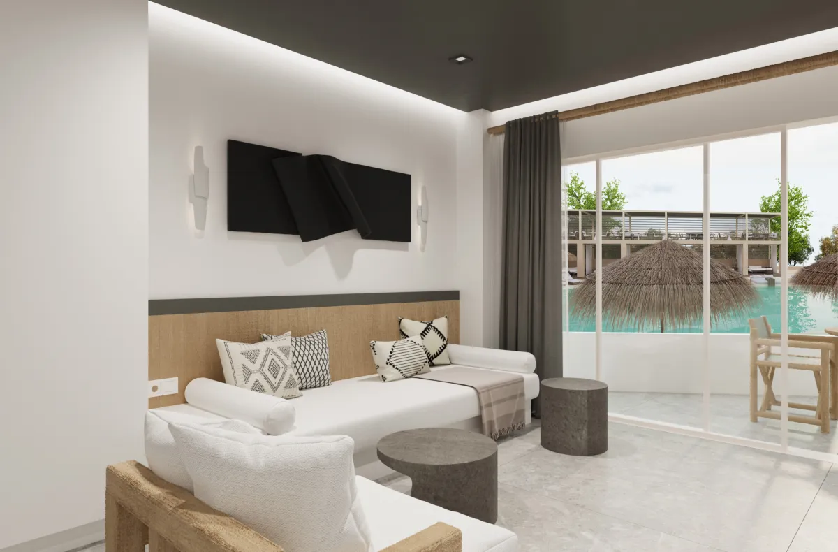 One-bedroom residence living area rendering