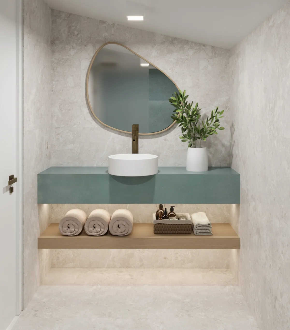 Bathroom finish rendering with stone-look tiling