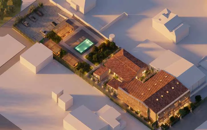 Aerial visualisation of North Grove Residences grounds with pool, garden pergolas and parking