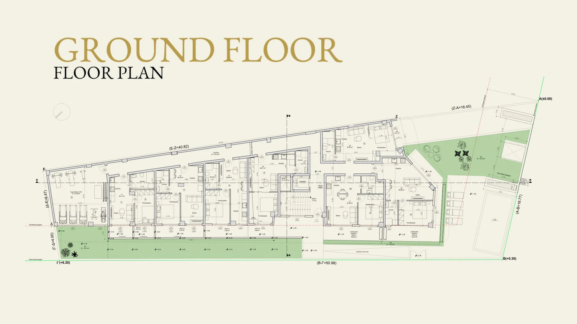 Ground Floor architectural plan — 7 units + storage rooms