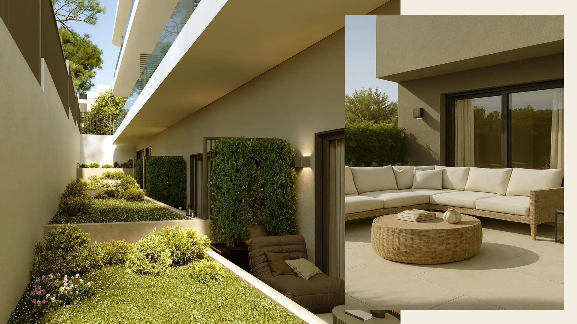 Private garden terraces with manicured landscaping