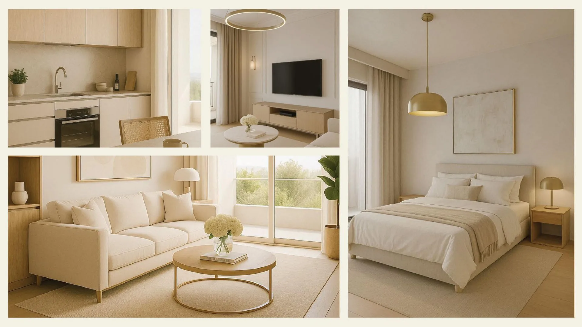 Light-filled living spaces with designer furnishings and gold accents