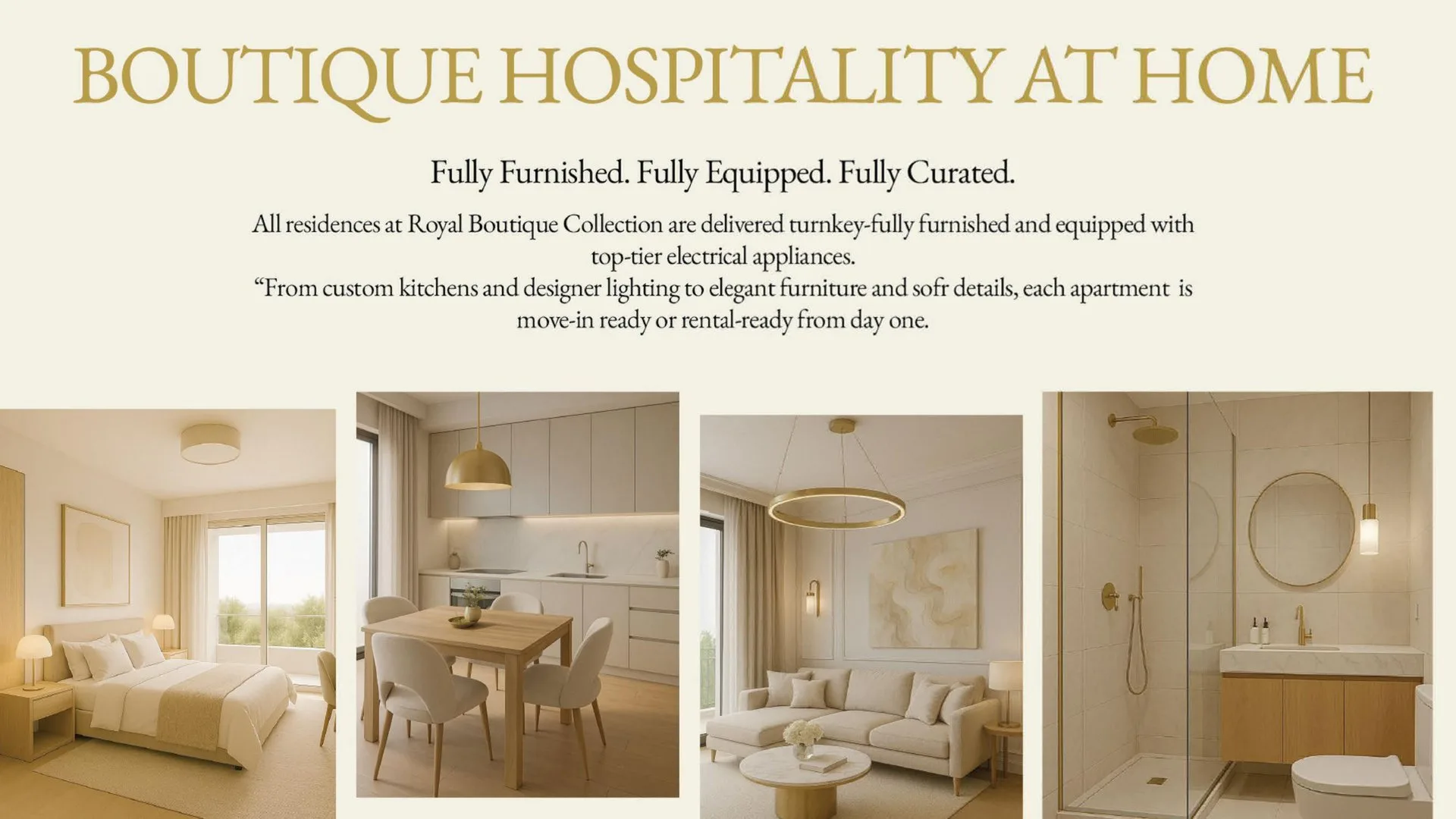 Boutique hotel-inspired interiors — kitchen, living, bathroom