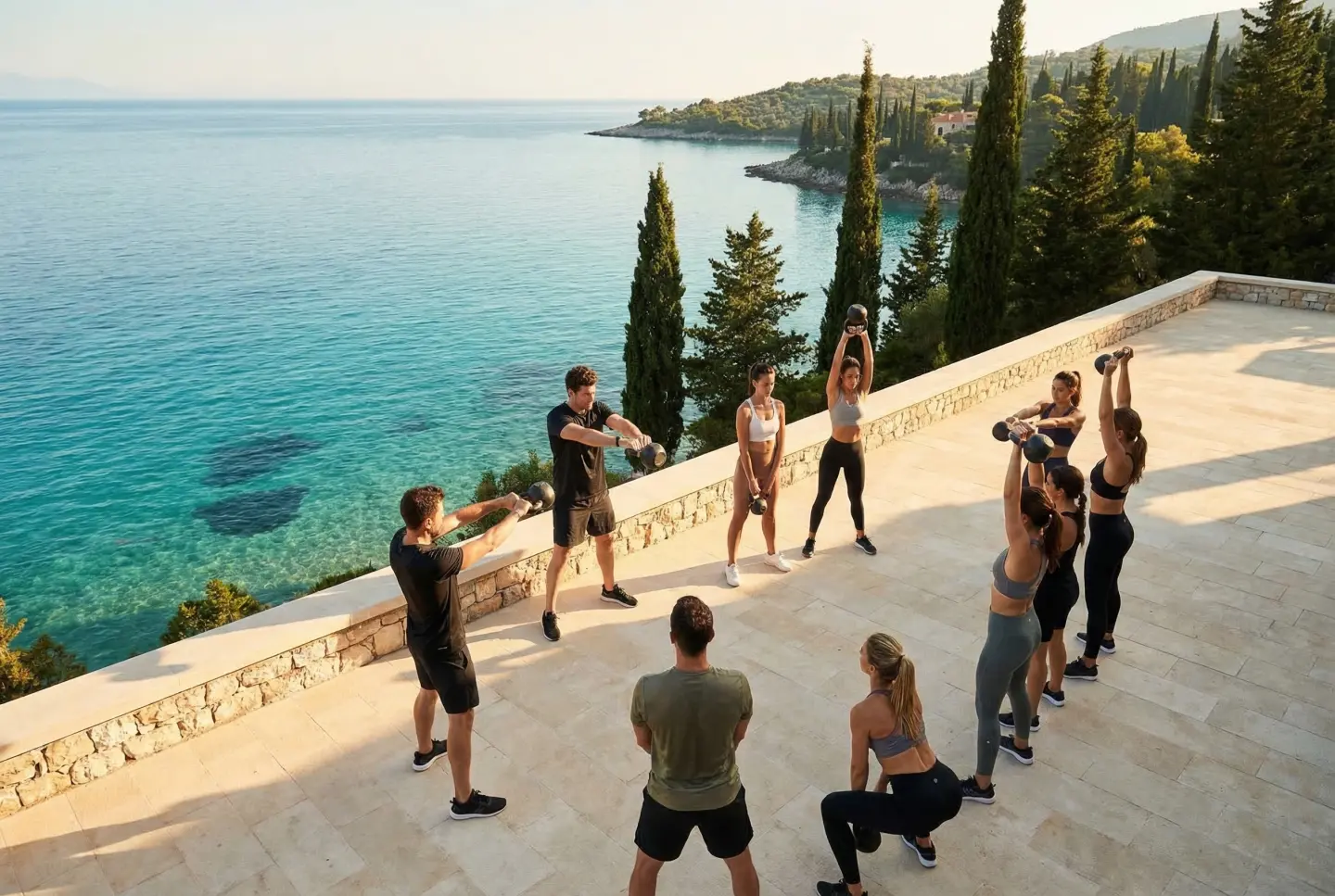 Outdoor group training on terrace overlooking the Ionian Sea
