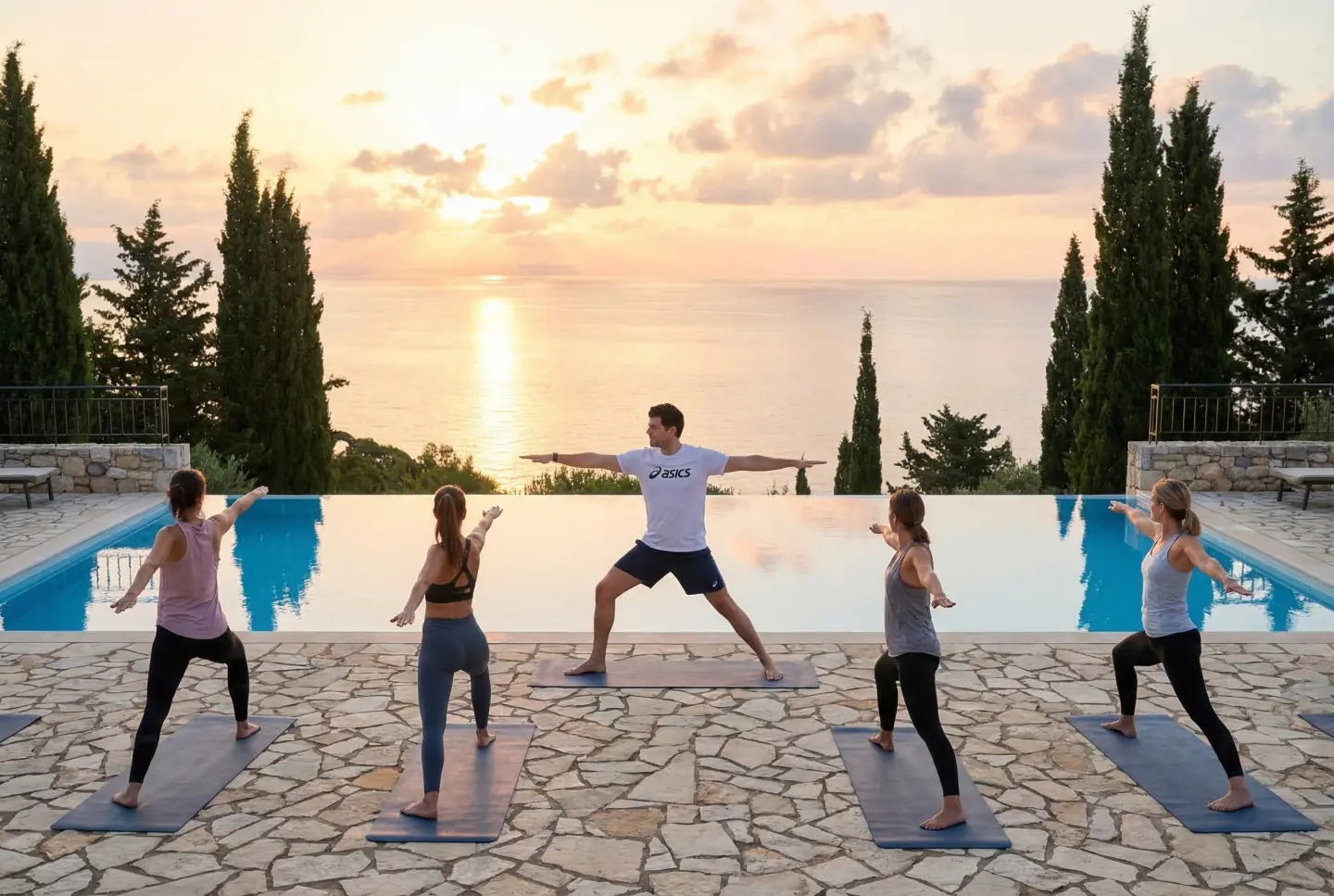 Sunrise yoga by the pool