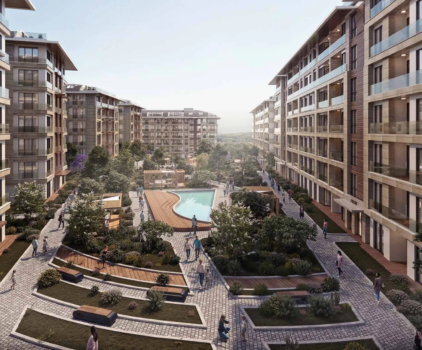Alya Residences Merkezefendi courtyard pool with surrounding residential blocks