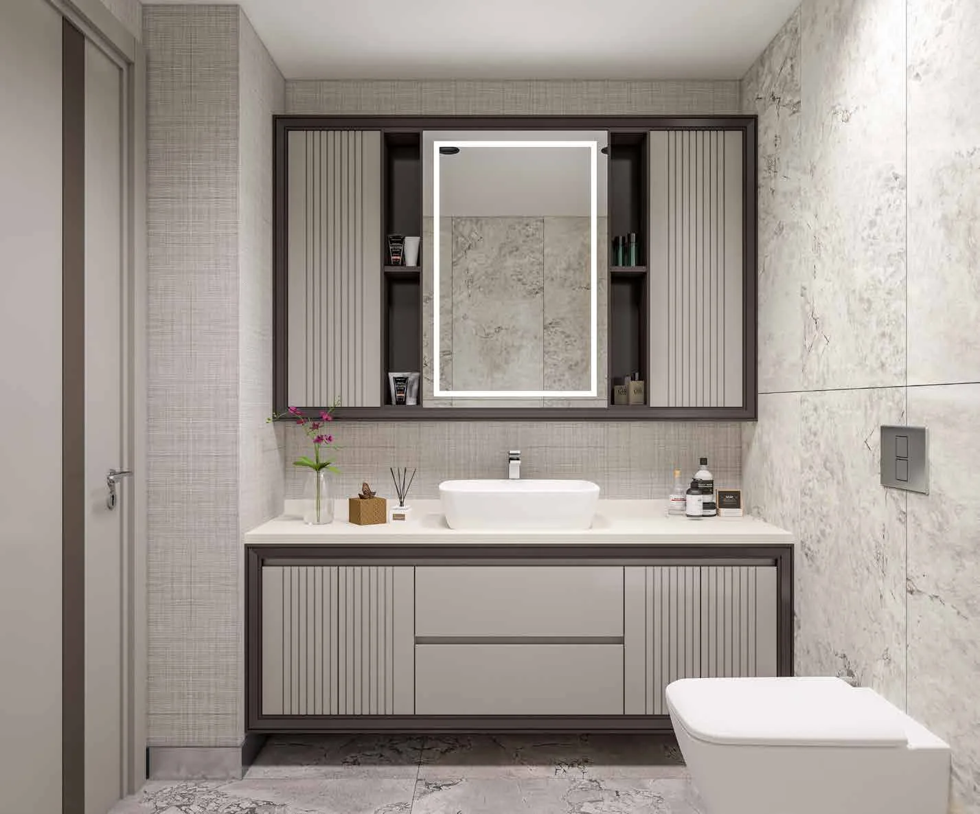 Alya Residences Merkezefendi apartment kitchen interior with stone flooring