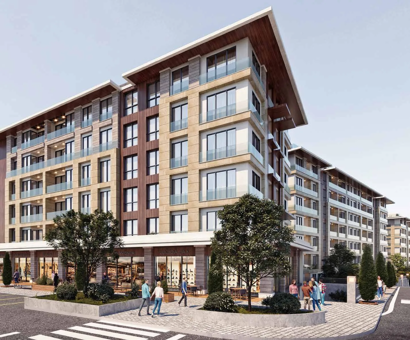 Alya Residences Merkezefendi ground-level facade with podium shops
