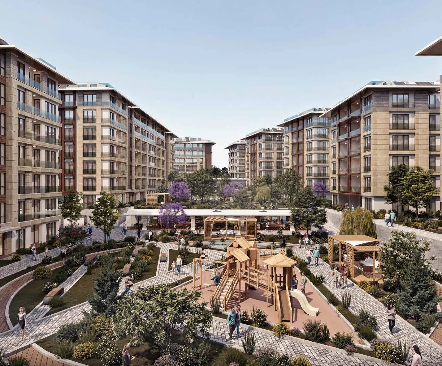 Alya Residences Merkezefendi residential block courtyard with playground and seating