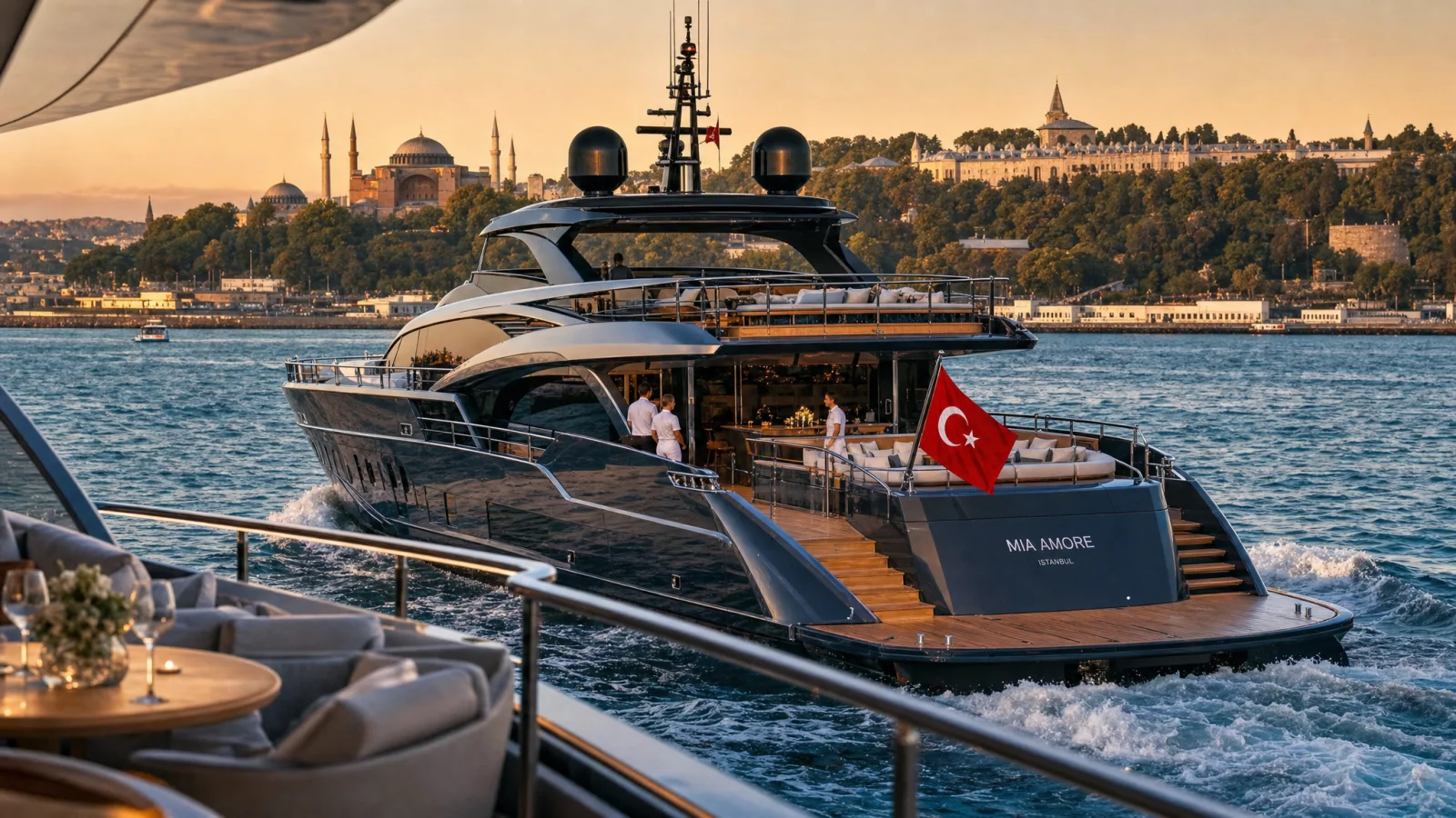 Luxury yacht on the Bosphorus at golden hour, with the Hagia Sophia and Topkapi Palace skyline visible in the background and the Turkish flag flying from the stern