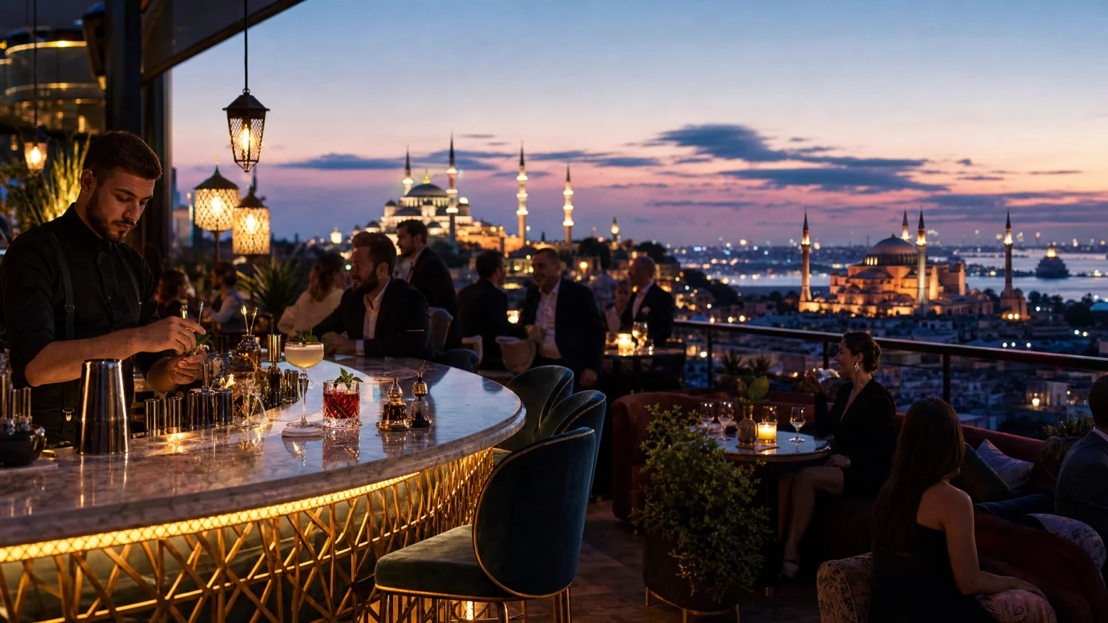 Rooftop bar at twilight with the silhouettes of Sultan Ahmed Mosque and Hagia Sophia minarets against a violet sunset sky, candle-lit tables and a bartender mixing drinks at a marble counter
