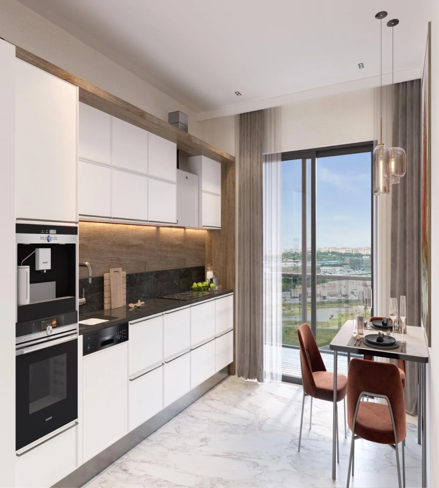Mega Garden Park apartment kitchen interior with park view