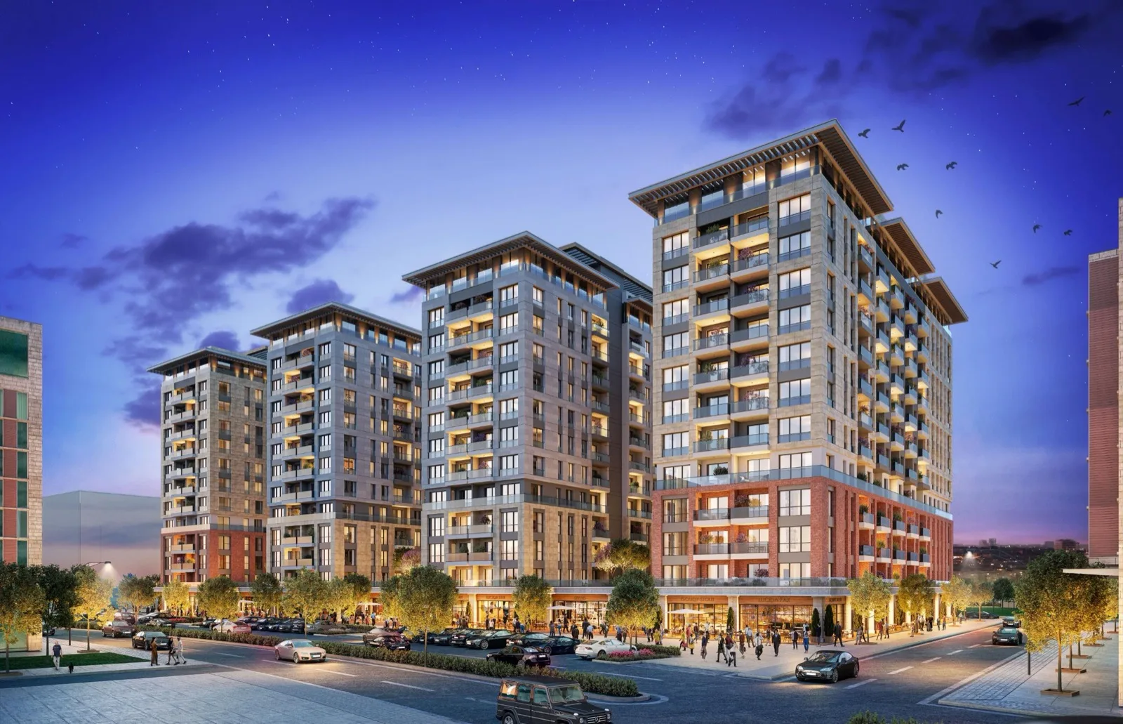 Mega Garden Park dusk exterior context with Zeytinburnu district behind