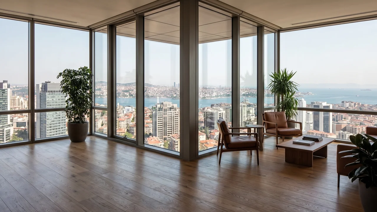 Torun Center high-floor residence window view toward central Istanbul