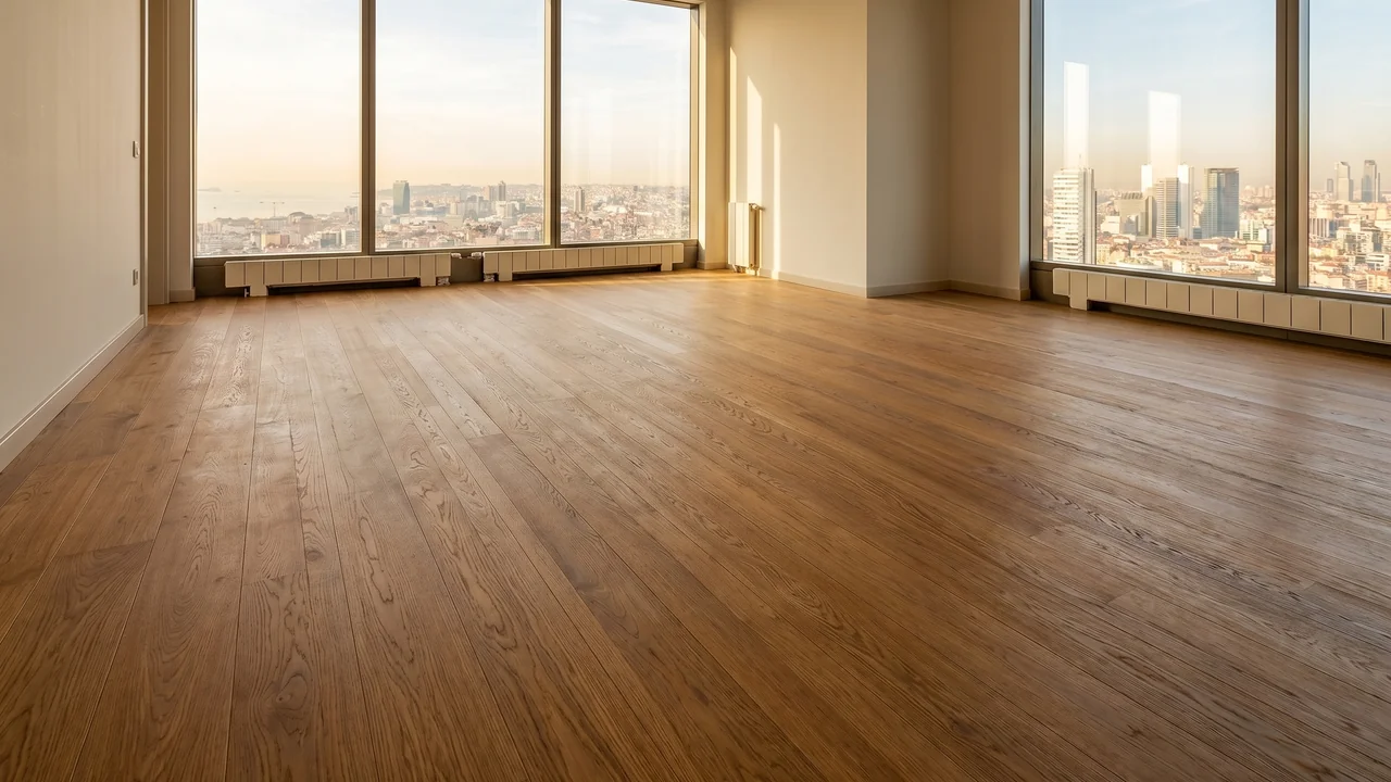 Torun Center 2+1 residence living area with broad windows and timber flooring