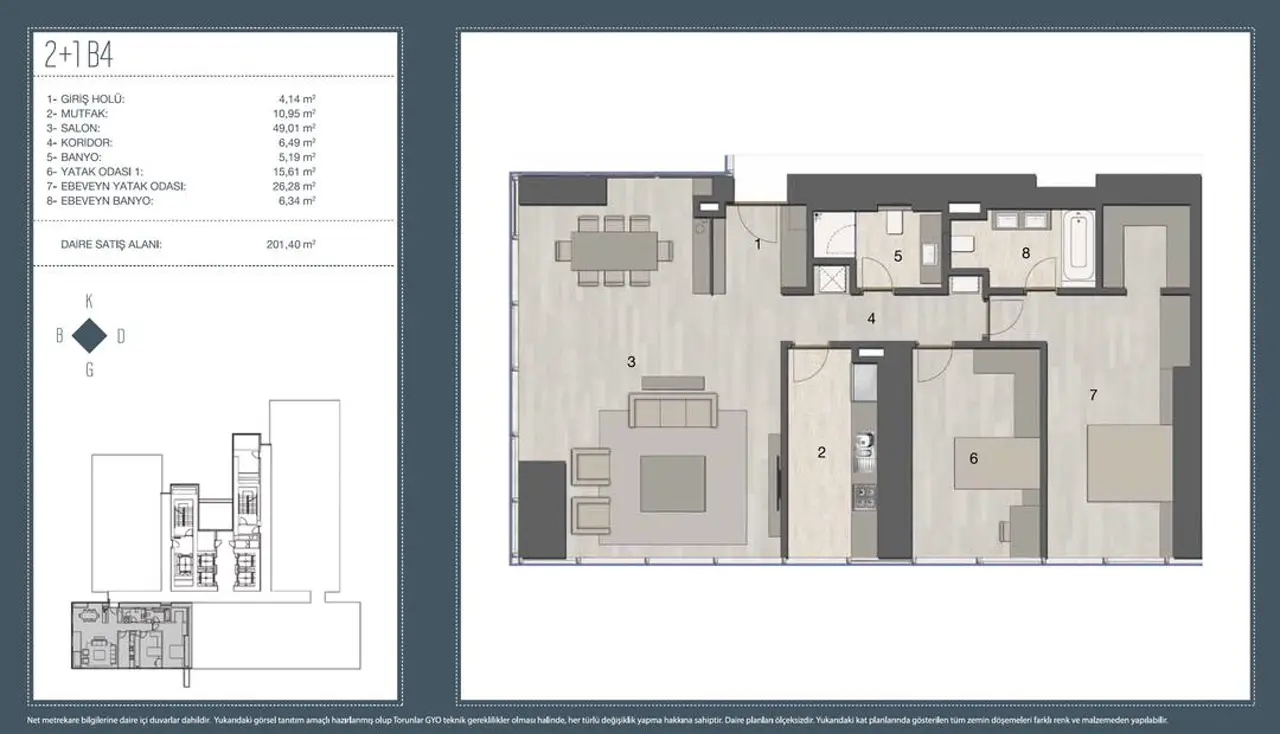 Torun Center 2+1 B4 floorplan with room areas and gross sales area