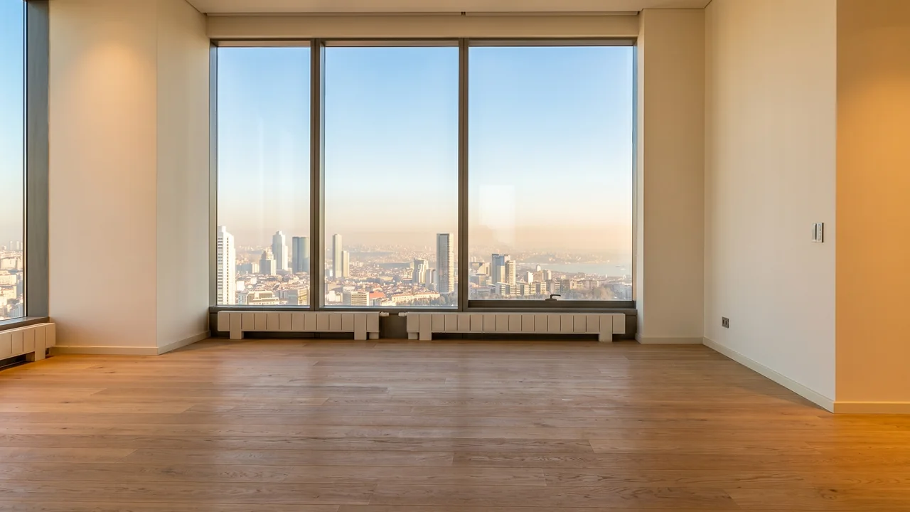 Torun Center residence interior room with high-floor city view