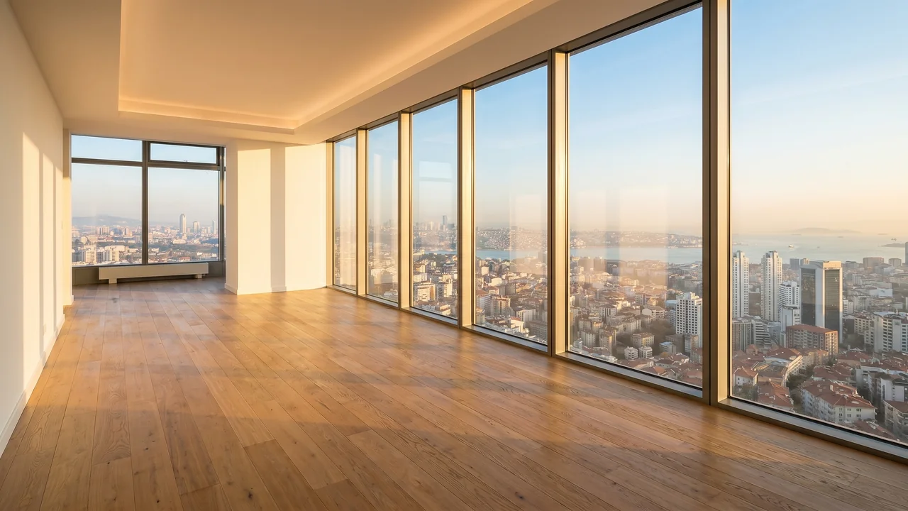 Torun Center 2+1 residence interior looking toward Bosphorus-facing windows