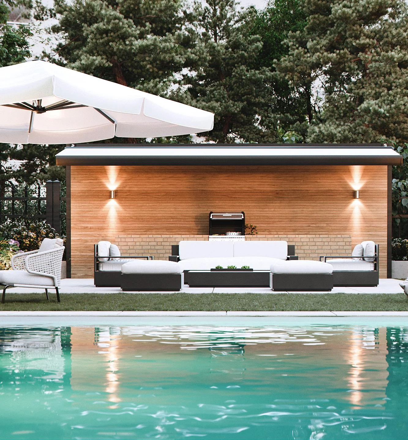 Shared backyard with swimming pool, BBQ, and lounge areas