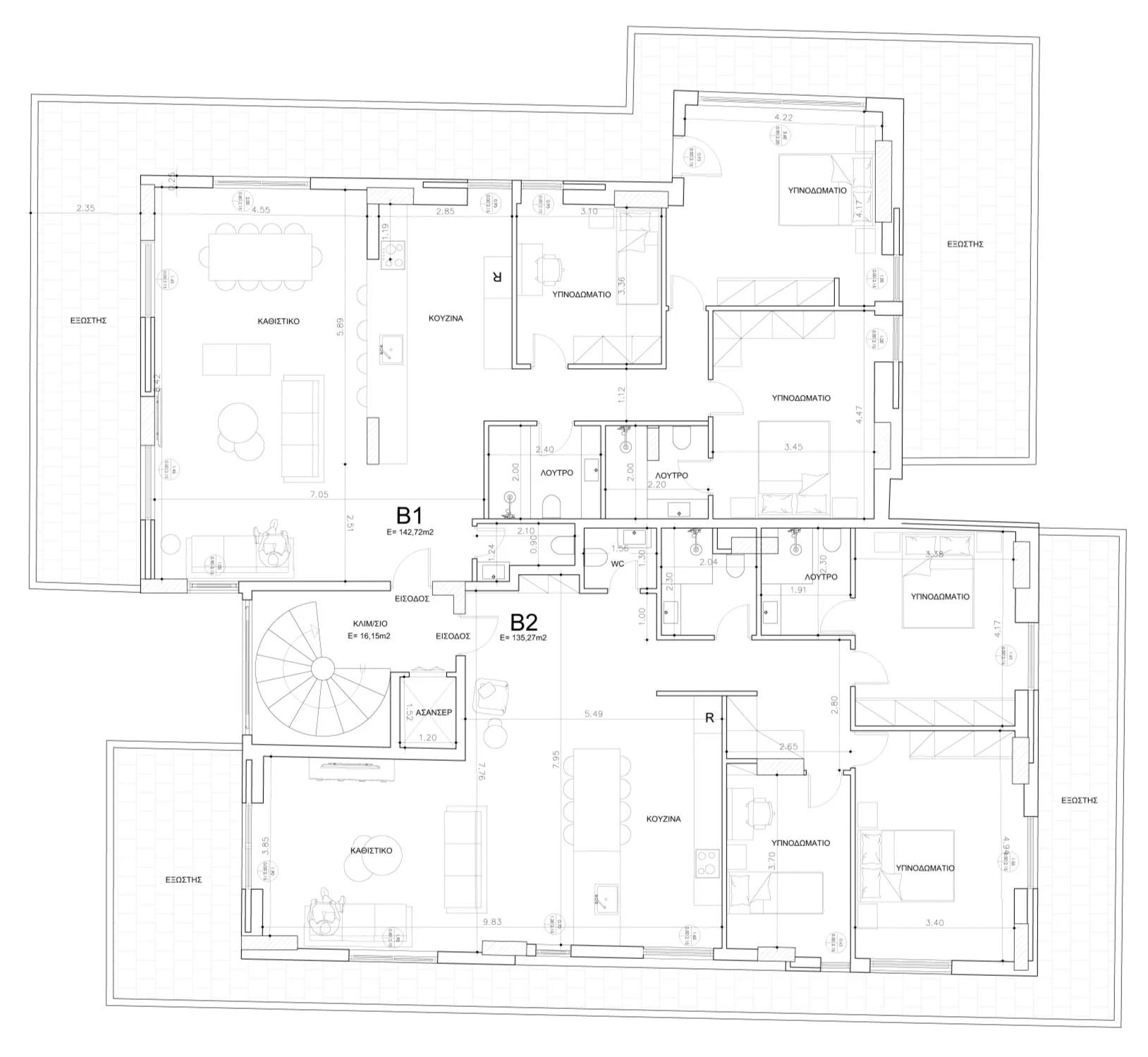Floor B (2nd Floor) plan — Units B1 and B2 with private terraces