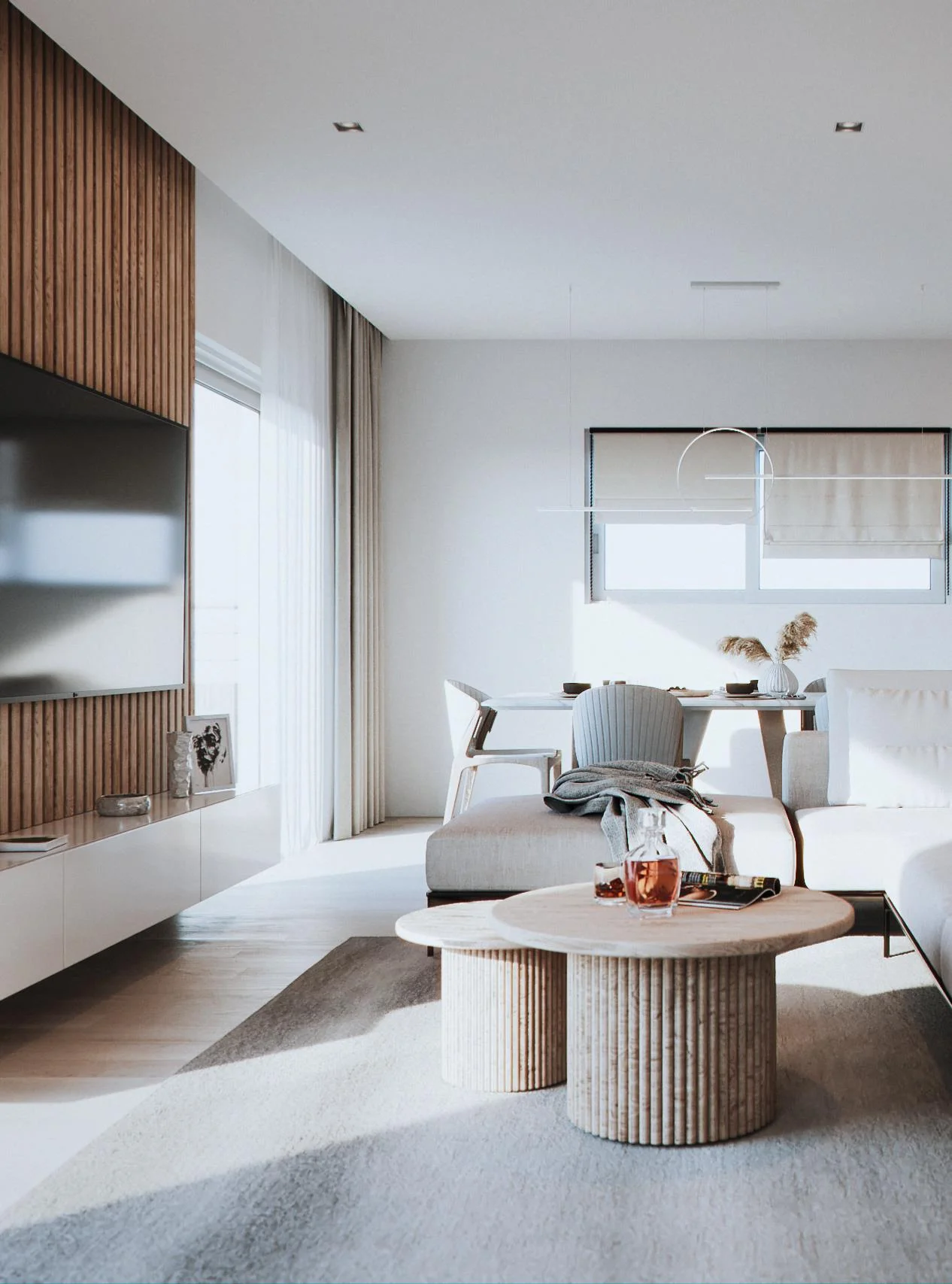 Modern kitchen and dining area with designer fixtures